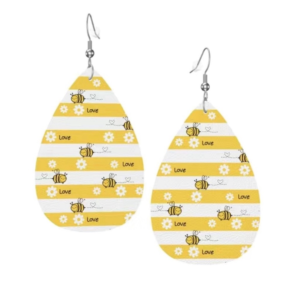 Earrings Love Flower Bee Teardrop Dangle Faux Leather for Pierced Ears